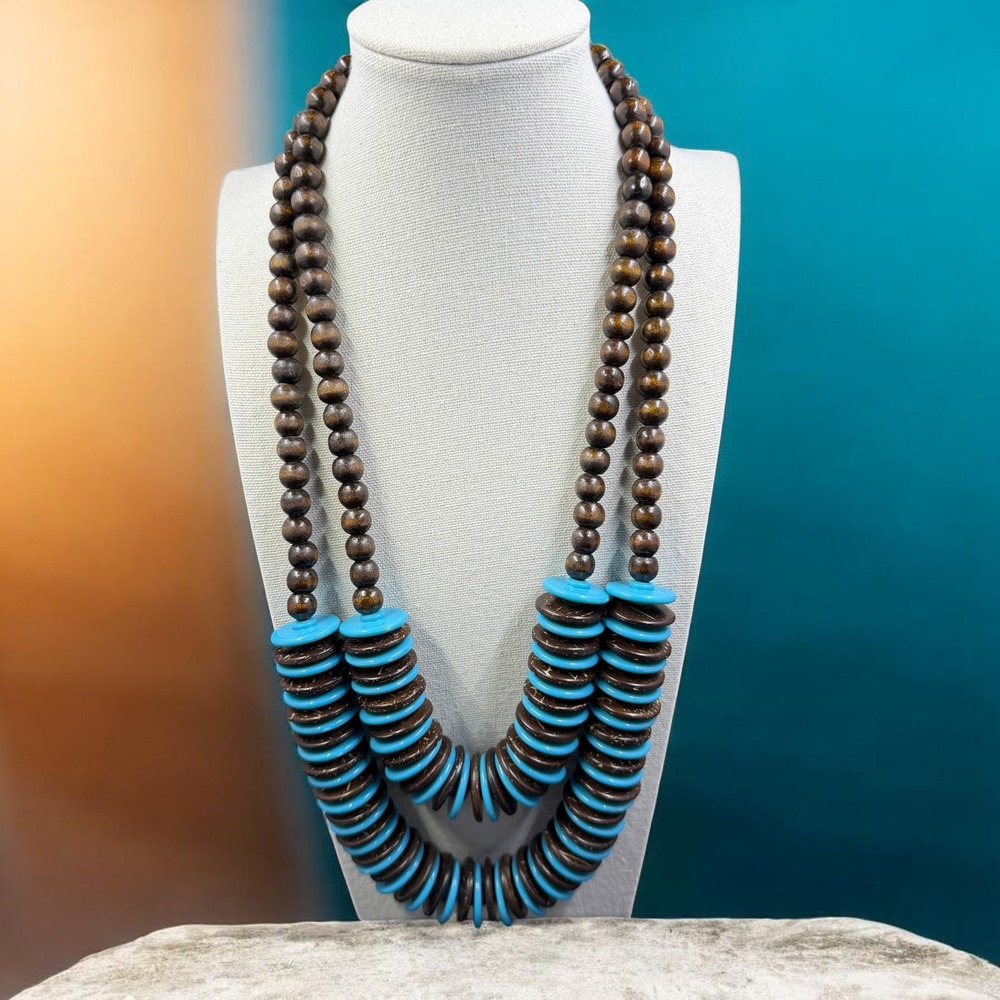 Boho Double Strand Wood Turquoise Disc Bead Statement Necklace Tribal Layered